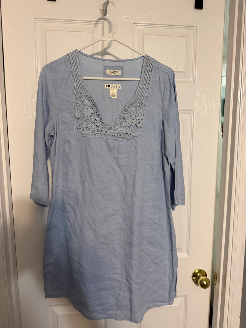 Light Blue Linen V-Neck dress with Crochet Trim